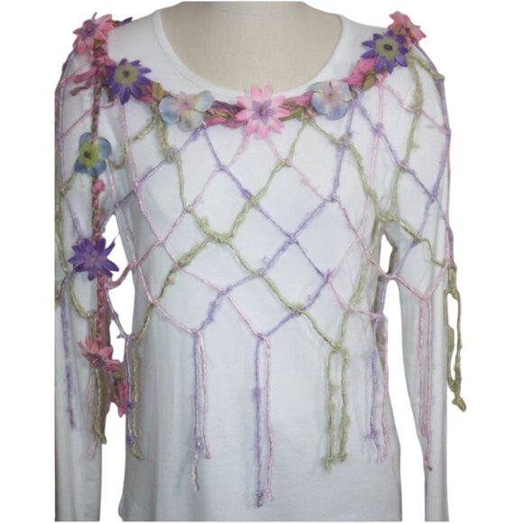 Pastel Pink, Purple & Green Sari Silk & Handknotted Banana Fiber Poncho Flowers - Picture 1 of 3